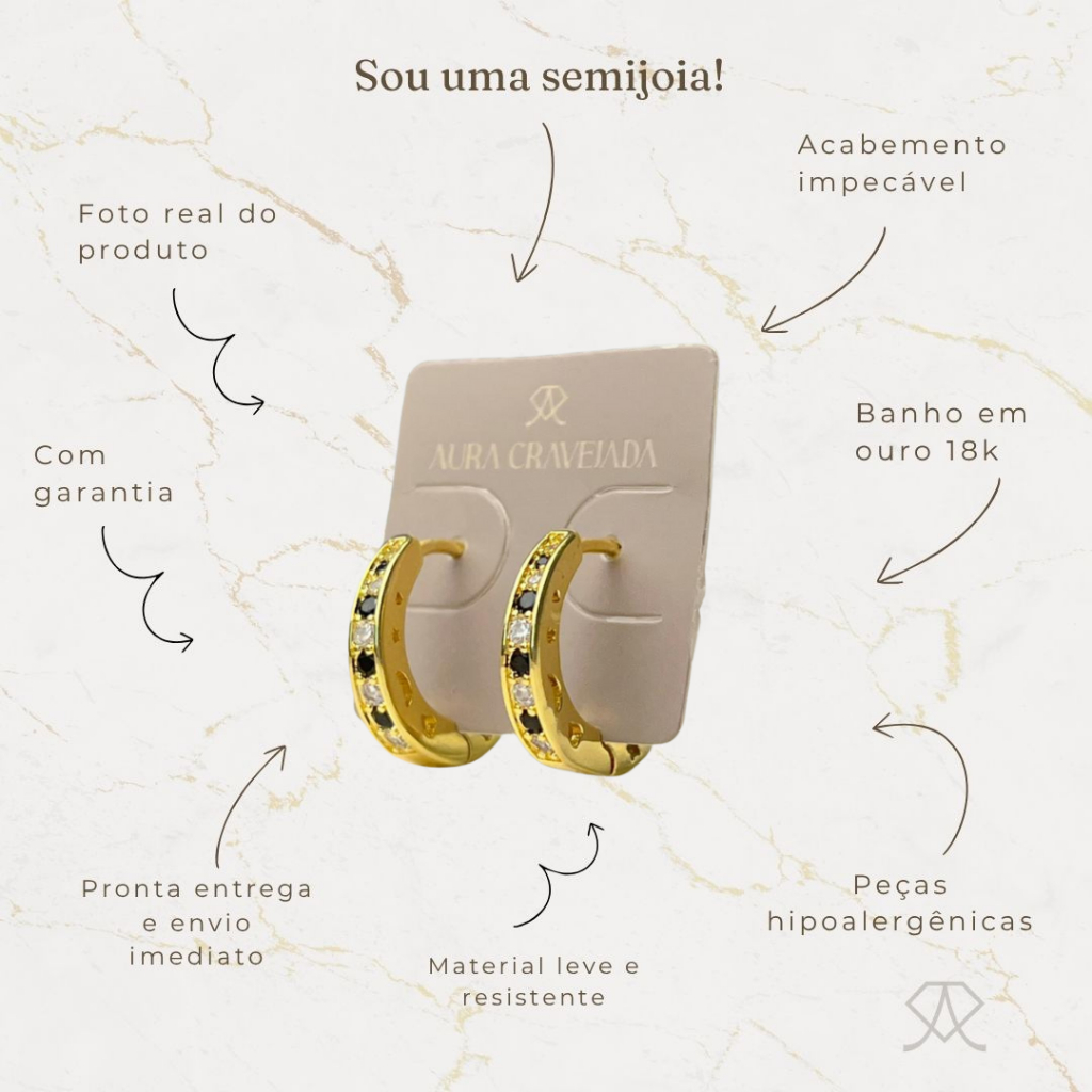 Brinco Argolinha em Zircônias Preta e Cristal - Imagem 7