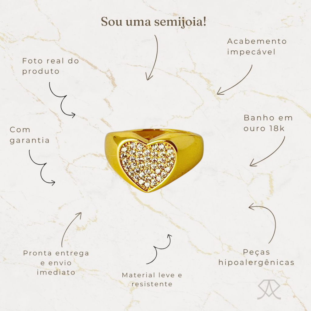 Anel Aro Largo Coração Cravejado - Imagem 8